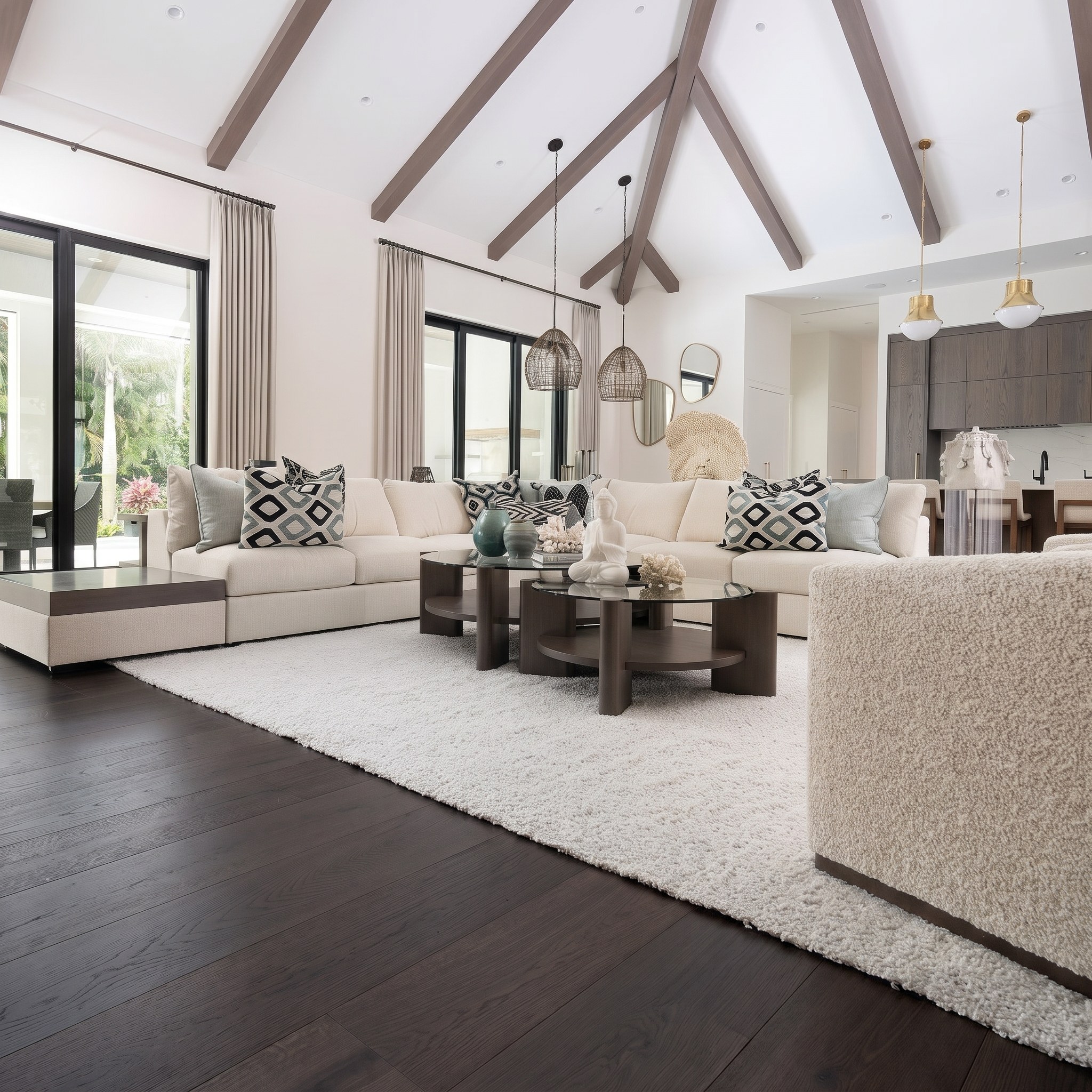 A Naples living room with white-oak flooring in a deep near-black finish