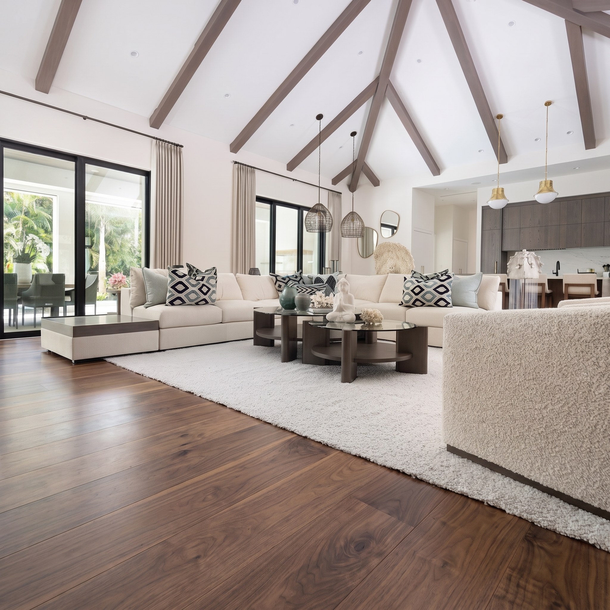 A Naples living room with white-oak flooring in a rich mid-brown finish