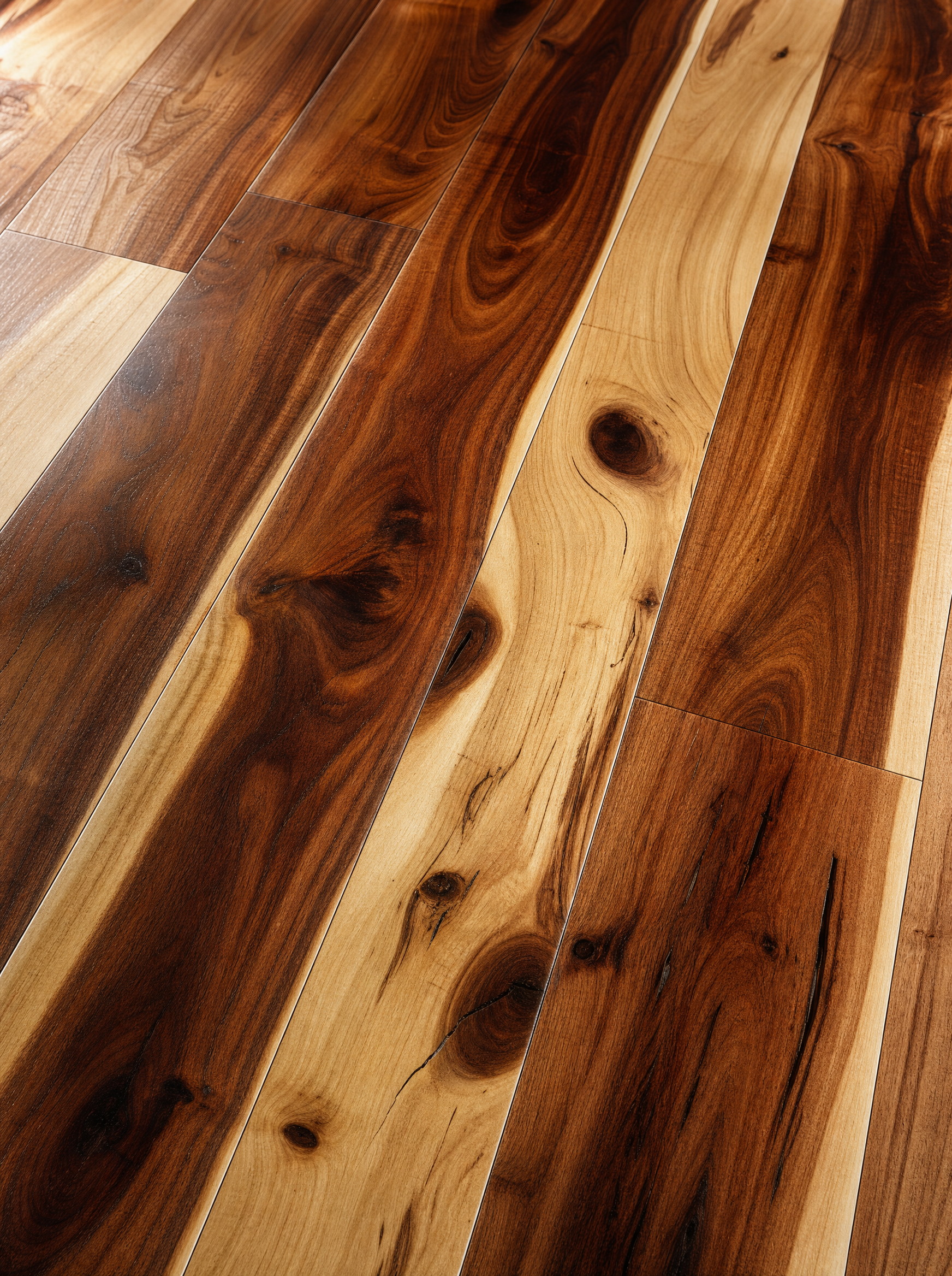 Ultra-realistic macro of character-grade hickory wide-plank flooring, pale cream sapwood against dark reddish heartwood, knots and character grain