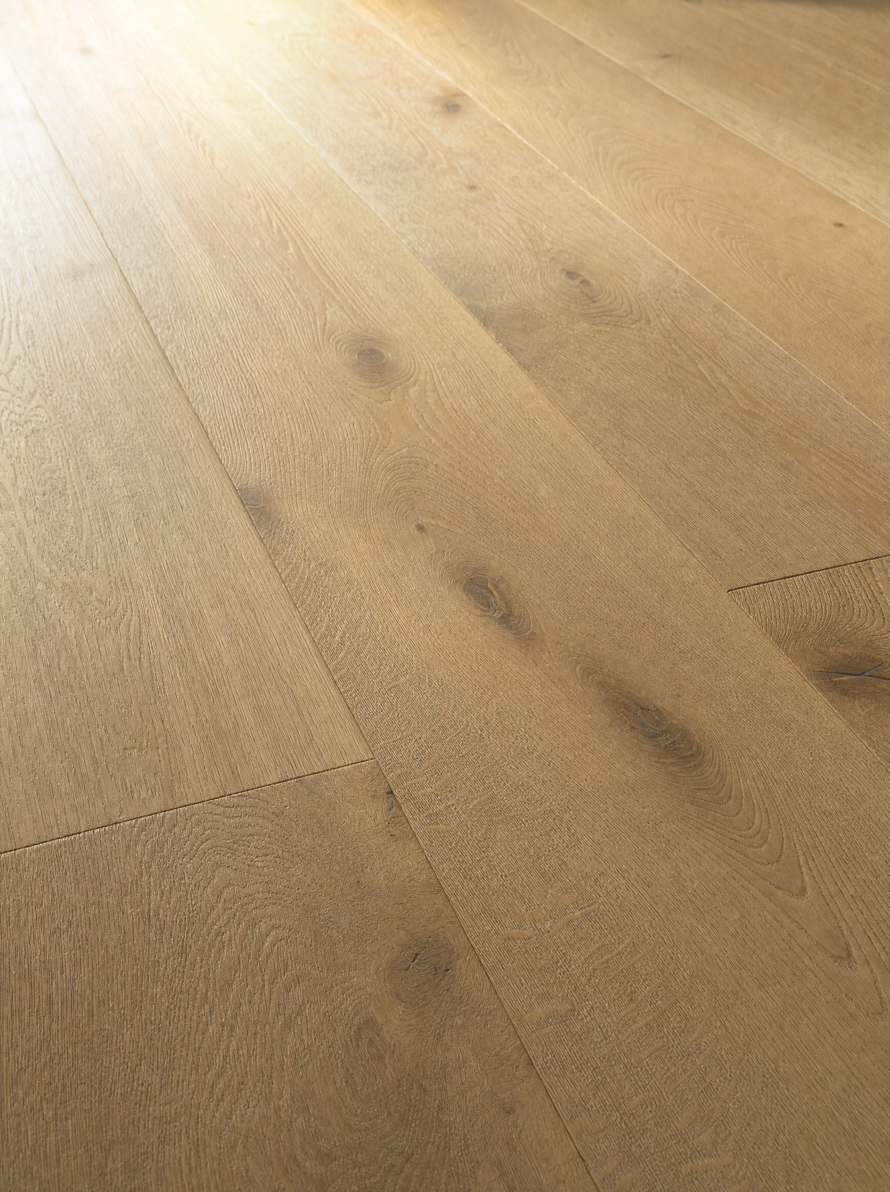Close-up macro of wire-brushed wide-plank European white oak showing long open-pore cathedrals in warm afternoon raking light