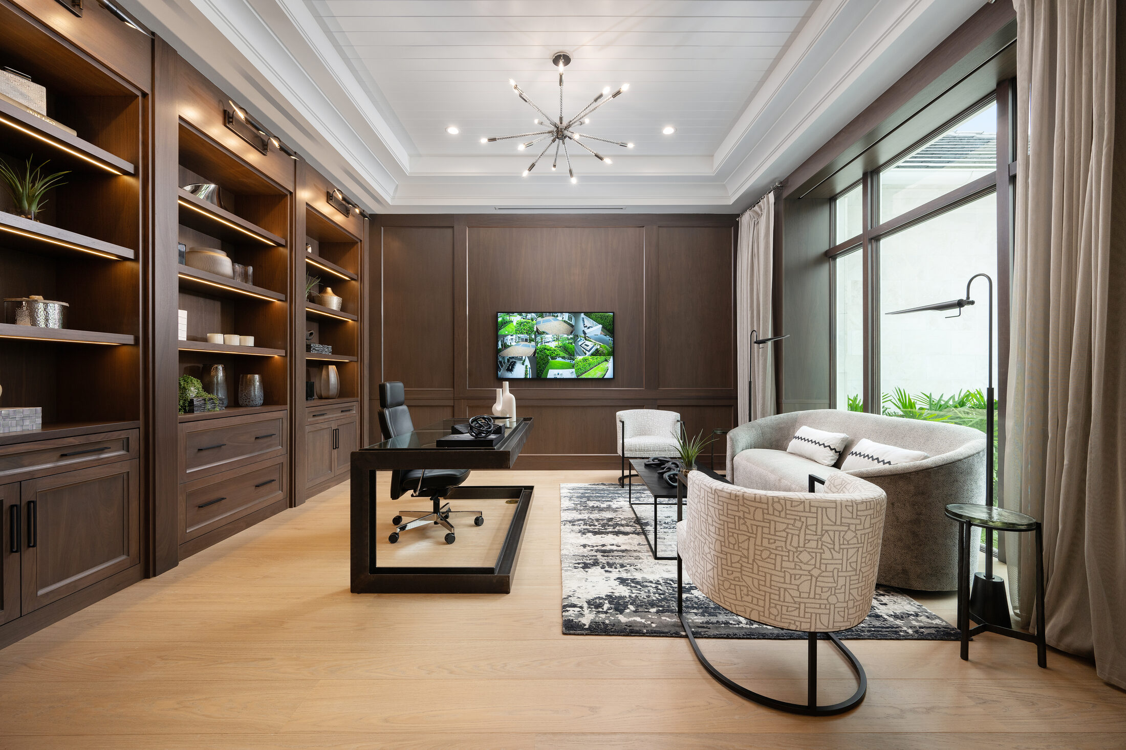Gin Lane study in Port Royal — walnut built-ins over wide-plank hardwood