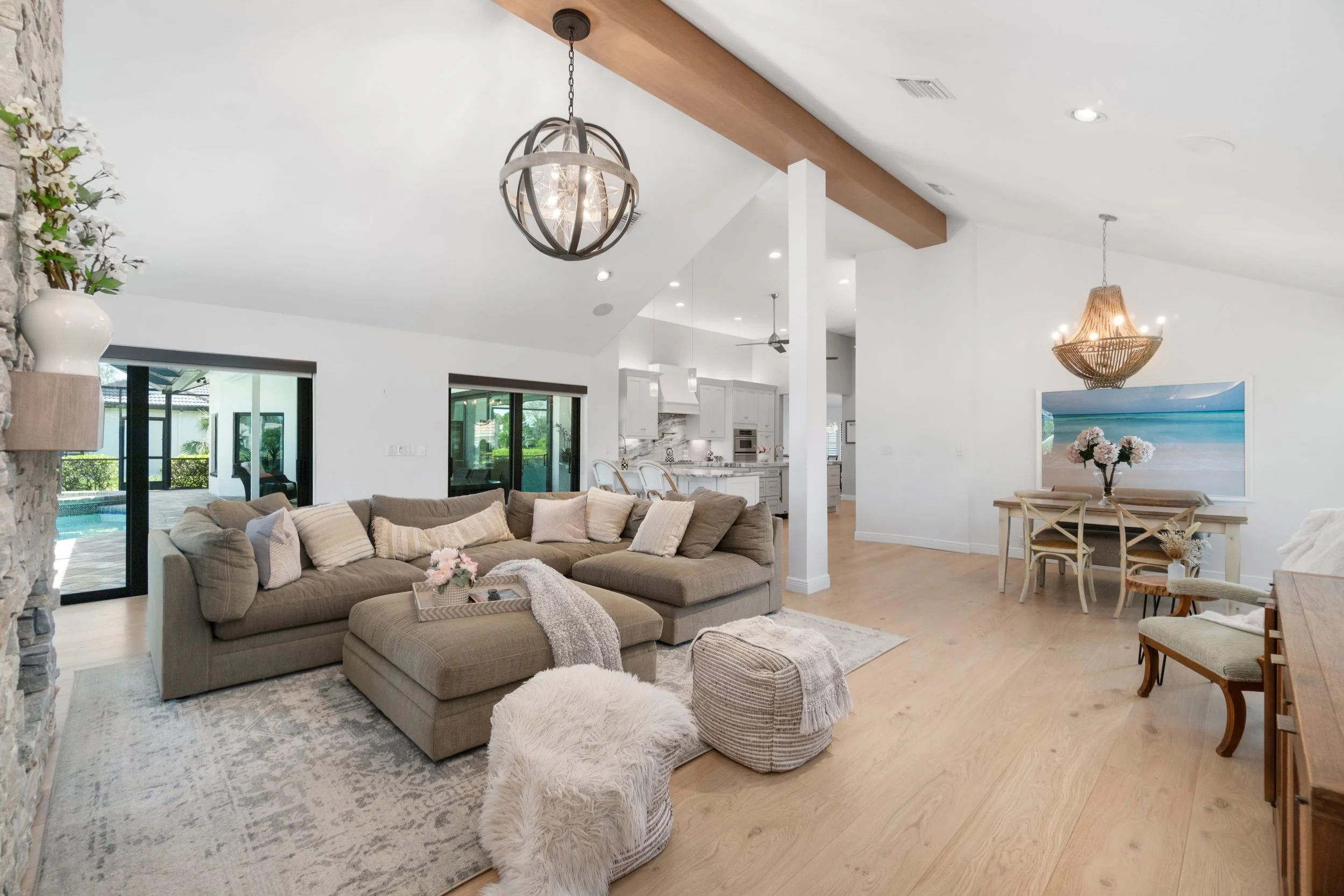 Great room. Exposed beams, scale, and the afternoon light.