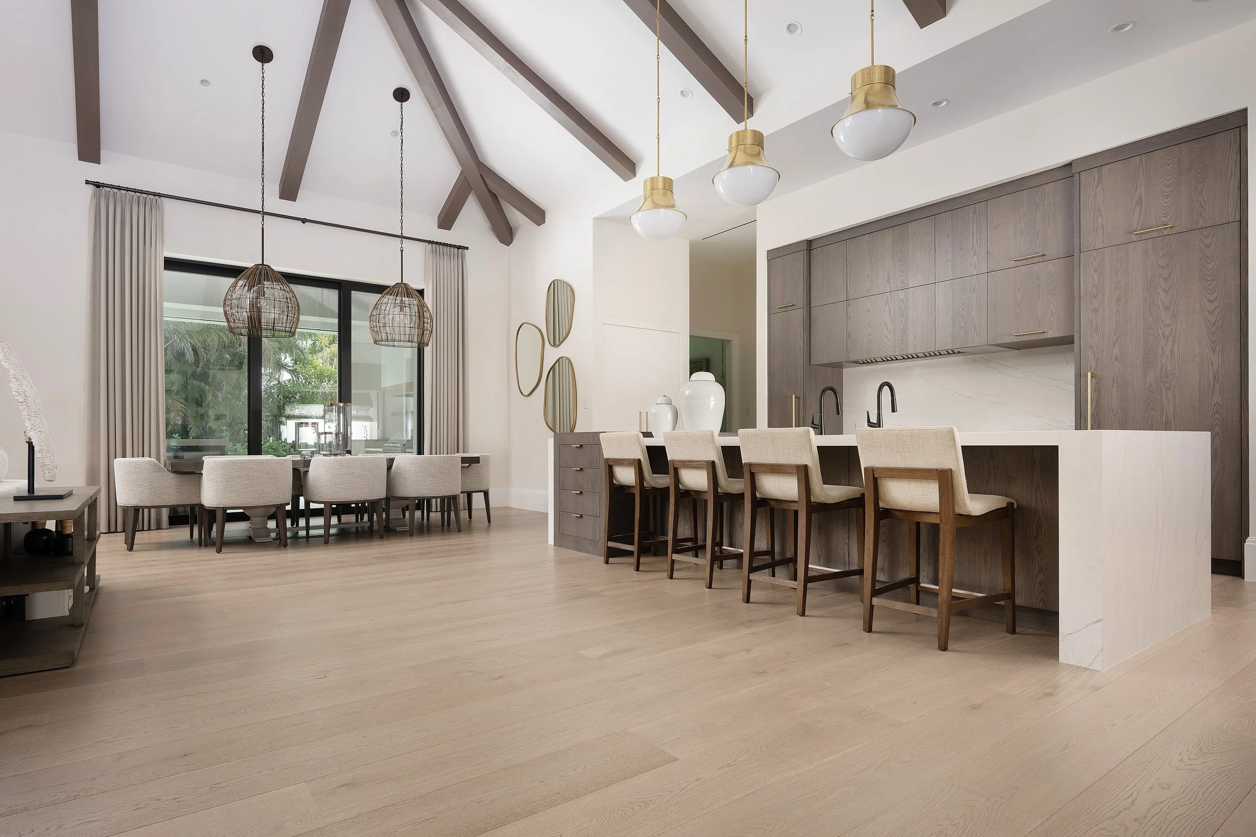 Open kitchen. Vaulted and beamed, oak run out to the dining.